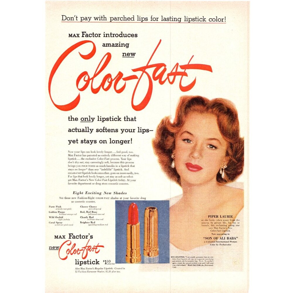1952 Max Factor Color Fast Lipstick Vintage Print Ad Piper Laurie 50s Wall Art